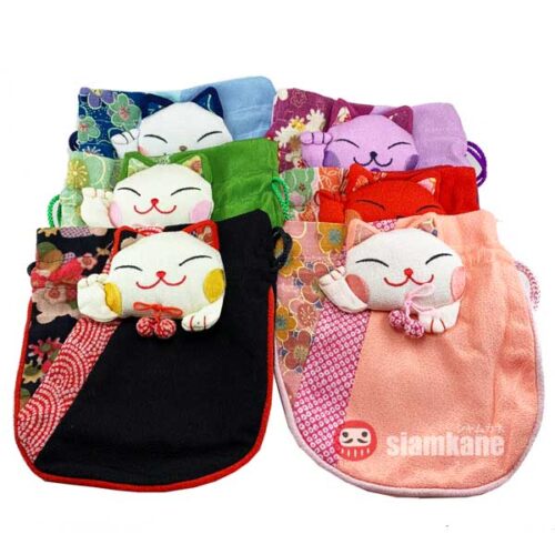 Japanese drawstring bag kimono fabric lucky cat