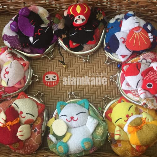 Japanese coin purse kimono fabric neko with amulet