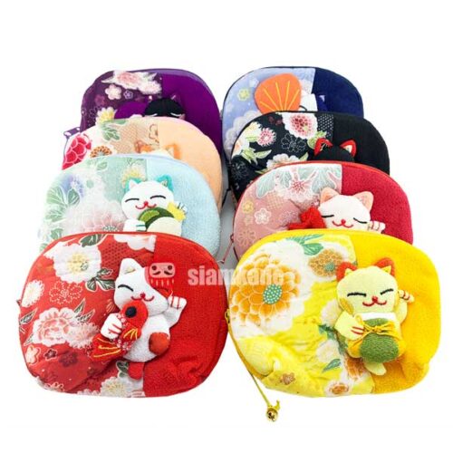 Japanese coin purse zip wallet kimono fabric neko size M Amulet