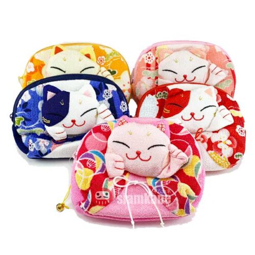Japanese coin purse zip wallet kimono fabric neko size M
